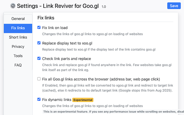 Options - Control Behavior and Features of Short Links